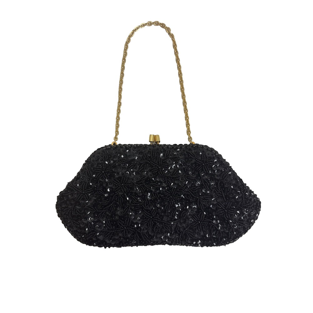 Vintage DeLill Black Beaded Evening Bag Gold Clasp Luxury Old Money Elegant Glam